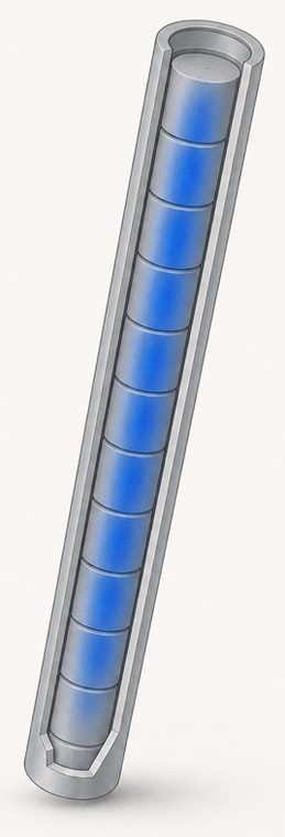 A fuel rod cut along its length, from pellet to gap to cladding