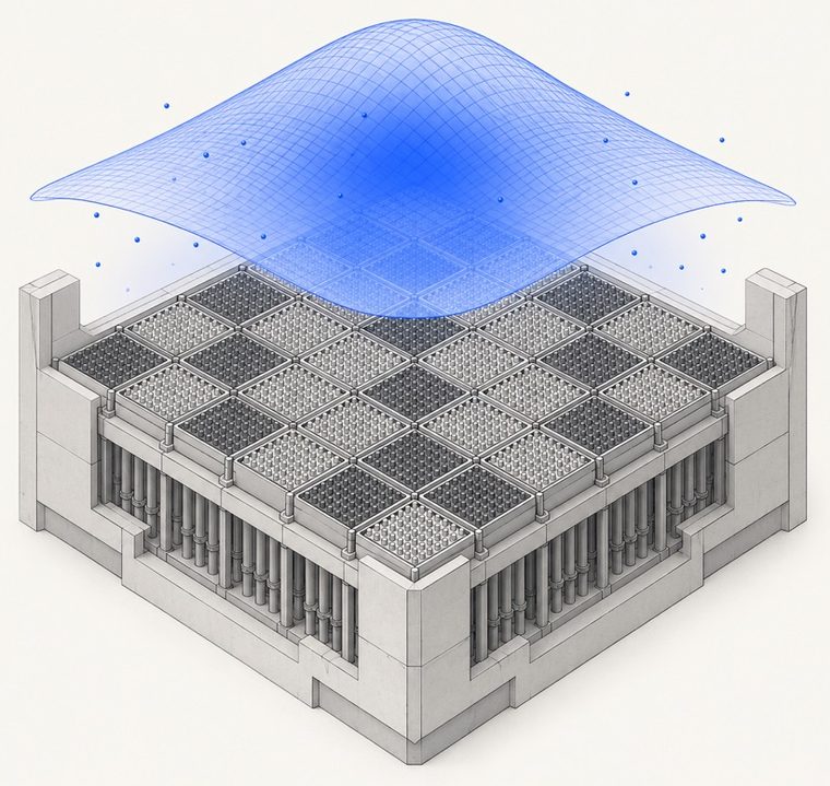 Cutaway of a heterogeneous core lattice, with the two-group flux above it